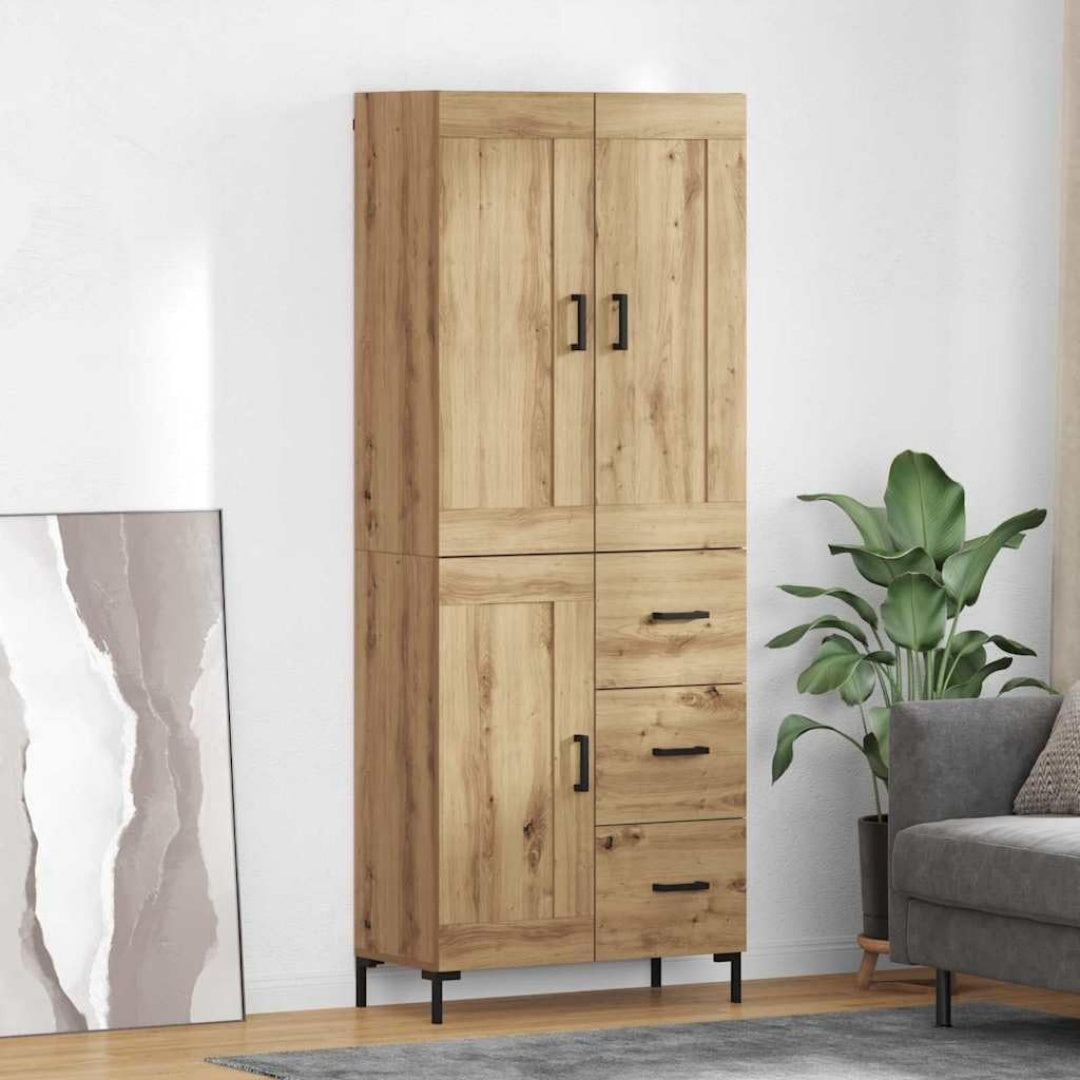 Der Hochschrank misst 69.5 x 34 x 180 cm in Eichenbraun