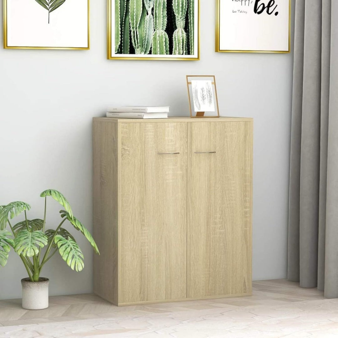 Das Sideboard misst 60 x 30 x 75 cm in Eichenbraun